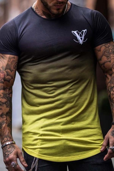 Creative Letter V Print Short Sleeves Round Neck Slim Fit Ombre T-Shirt for Men
