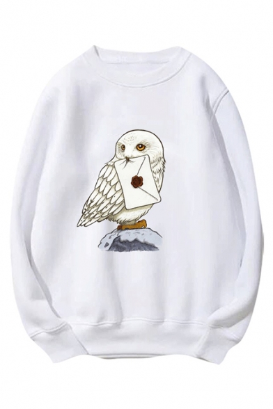 Cute Eagle and Letter Pattern Round Neck Long Sleeve Loose Pullover Sweatshirt