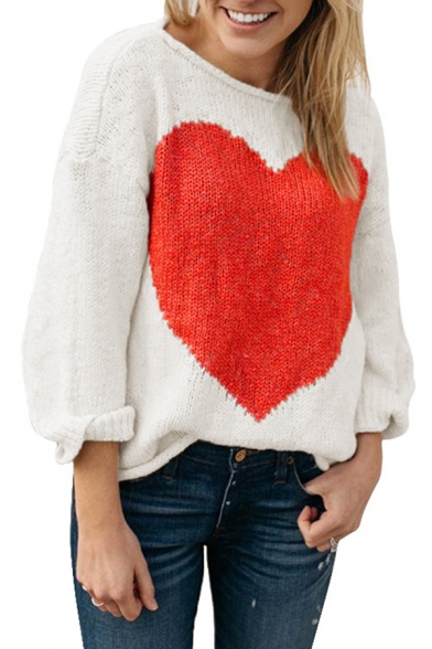 Cute Girls' Long Sleeve Boat-Neck Heart Pattern Rolled Edge Relaxed Pullover Sweater Top