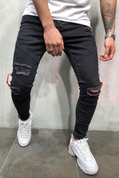 Designer Lightning Pattern Ribbon Insert Knee Cut Zip Fly Skinny Fit Ripped Black Jeans