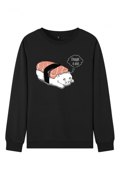 Fancy Sushi Cat Pattern Long Sleeves Round Neck Loose Pullover Sweatshirt
