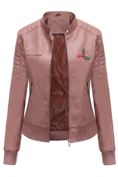 Fashion Ladies' Long Sleeve Stand Collar Zipper Front Letter BESTAD Leaf Printed Fluff Liner Leather Fitted Jacket