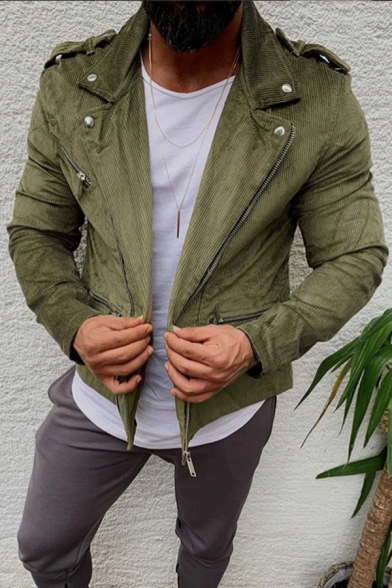 Fashionable Mens Solid Color Epaulets Long Sleeve Zipper Decoration Slim Corduroy Jacket