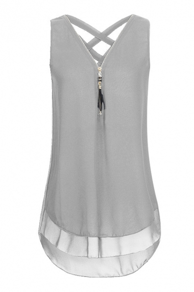 Fashionable Plain Sleeveless Half Zip Hollow Out Back See Through Mesh Curve Hem Relaxed Tank Top for Ladies