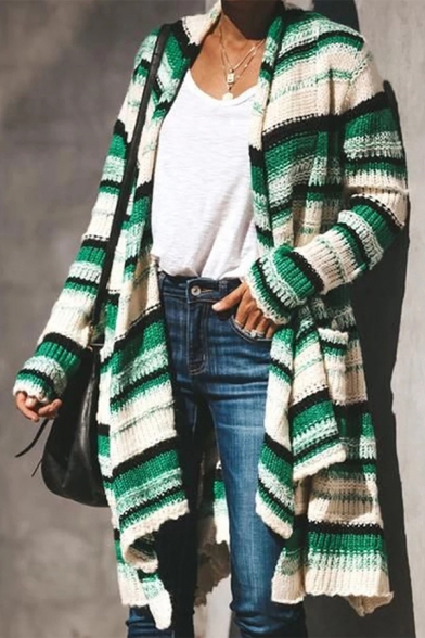 Female Casual Long Sleeve Stripe Printed Rolled Edge Relaxed Midi Knit Cardigan