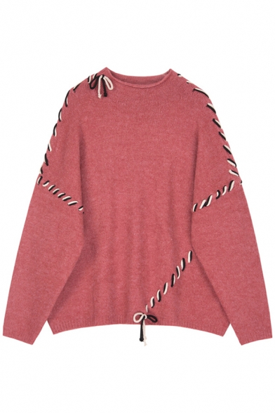 Girls Designer Lacing Seam Long Sleeve Round Neck Oversized Knit Pullover Sweater