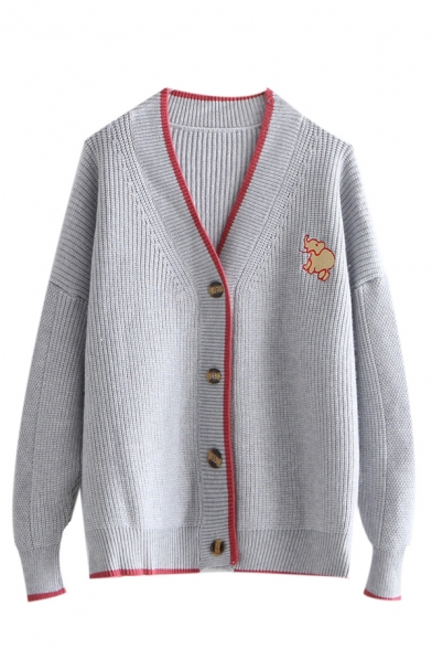 Girls Simple Elephant Embroidery Contrast Trim V-Neck Single Breasted Knit Cardigan