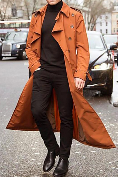 Stylish Solid Color Long Sleeve Button Embellished Longline Trench Coat