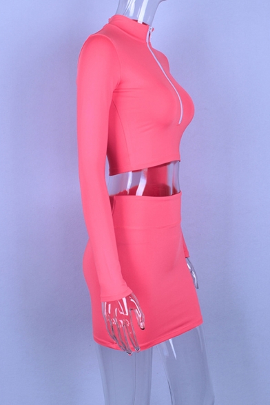 Ladies Active Plain Half Zip Placket Long Sleeve Cropped Top with Mini Bodycon Skirt