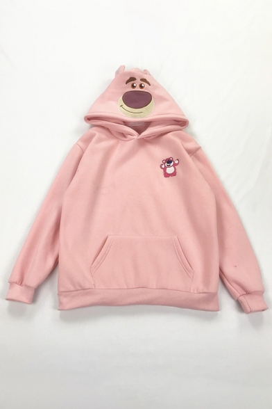 Lovely Bear Embroidery Long Sleeve Pouch Pocket Oversized Pullover Hoodie