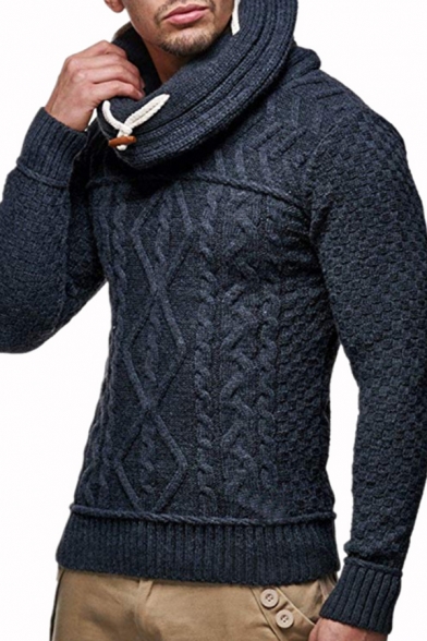 Men's Casual Plain Heap Collar Long Sleeve Cable Knit Pullover Sweater