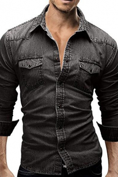 Hmarkt Mens Fashion Long Sleeve Cotton Flap Pockets Slim Fit Snap-Up Jeans Shirts 