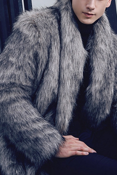 Mens Designer Plain Long Sleeve Zip Placket Longline Gray Faux Fur Coat with Scarf
