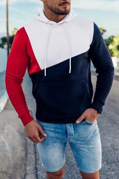 Mens New Trendy Cut and Sew Colorblocked Drawstring Hoodie with Kangaroo Pocket