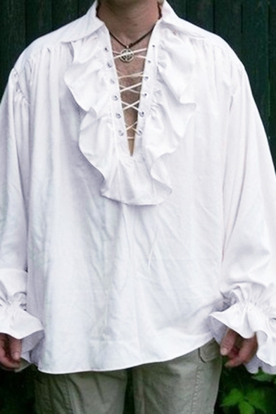 Mens Renaissance Plain Ruffles Detail Lace Up Front Bell Long Sleeve Loose Medieval Shirt