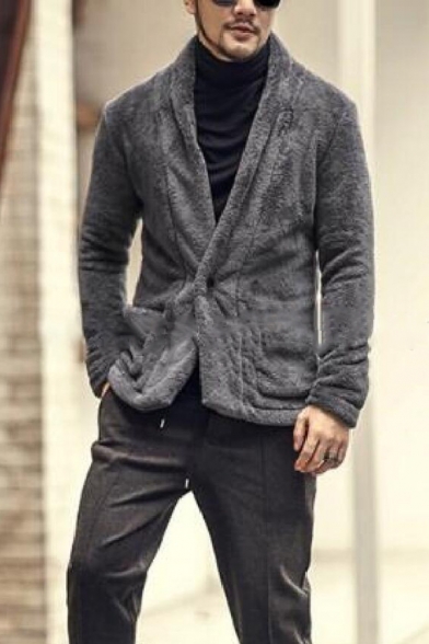 Mens Street Fashion Plain Long Sleeve Shawl Collar Button Up Plush Coat Fitted Jacket