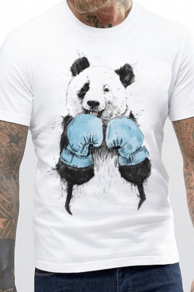 New Fashion Boxing Panda Printed Short Sleeves Crew Neck White Casual T-Shirt