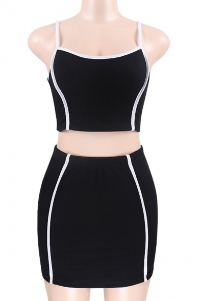 New Trendy Contrast Trim Cami Top & Mini Skirt Black Two Piece Sports Set