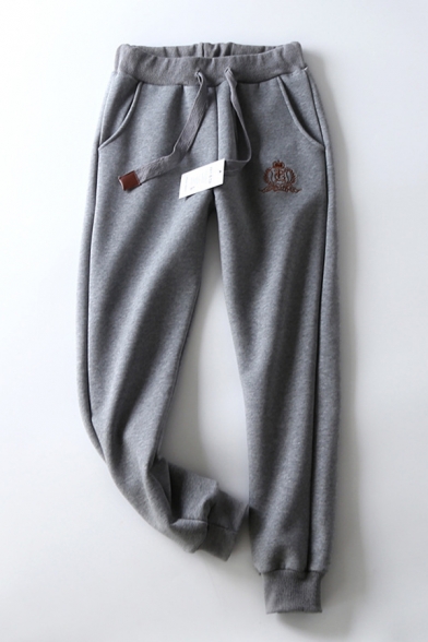 Plain Casual Drawstring Waist Embroidery Cuffed Sherpa Lined Long Tapered Sweatpants for Girls