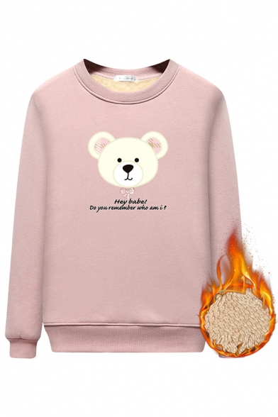 Preppy Looks Long Sleeve Round Neck Bear Printed HEY BABE Letter Sherpa Liner Relaxed Pullover Sweatshirt for Girls