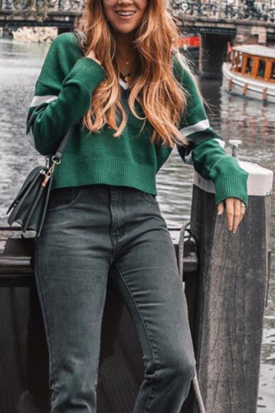 Pretty Fashion Long Sleeve V-Neck Stripe Print Contrasted Purl-Knit Loose Green Crop Pullover Sweater for Ladies