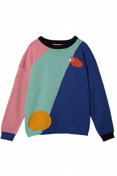 Schoolgirls Stylish Color Block Long Sleeve Round Neck Regular Fit Knitwear Sweater