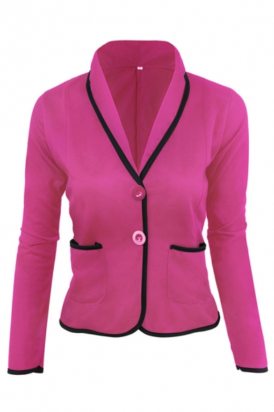 Simple Formal Ladies' Long Sleeve Shawl Collar Button Down Pockets Side Contrast Piped Plain Slim Blazer