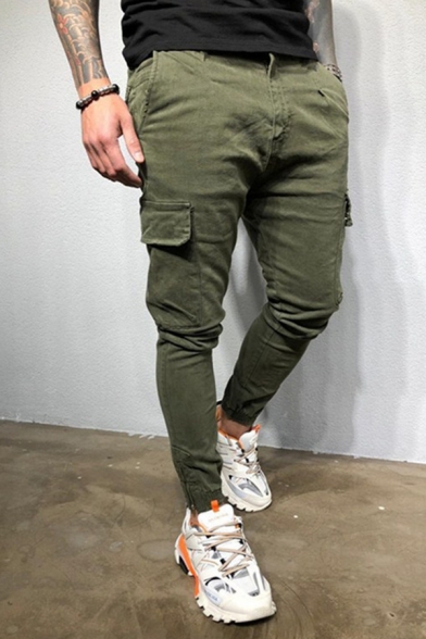 Solid Color Flap Pocket Side Zipper Decoration Slim Fit Street Style Woven Pants for Men