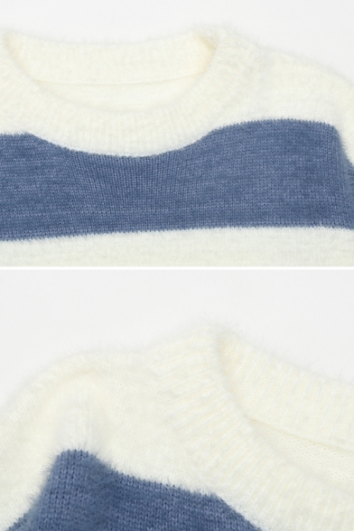 Stylish Girls' Long Sleeve Crew Neck Stripe Patterned Oversize Knit Pullover Sweater
