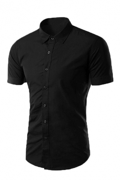 Summer Casual Men's Solid Color Short Sleeves Button-Up Fitted Shirt for Men