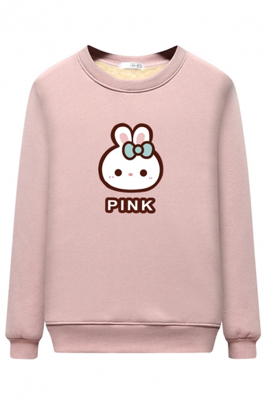 Thickened Leisure Long Sleeve Crew Neck Letter PINK Rabbit Printed Sherpa Liner Relaxed Fit Pullover Sweatshirt for Girls
