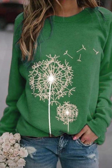 Trendy Girls' Long Sleeve Crew Neck Dandelion Printed Relaxed Fit Pullover Sweatshirt
