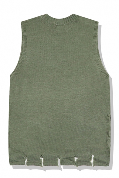Unique Stylish Sleeveless Crew Neck Ripped Trim Purl-Knit Relaxed Fit Plain Pullover Sweater Vest for Women