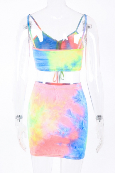 Unique Tie Dye Printed Ruched Drawstring Cami Top with Mini Skirt Two Piece Co-ords