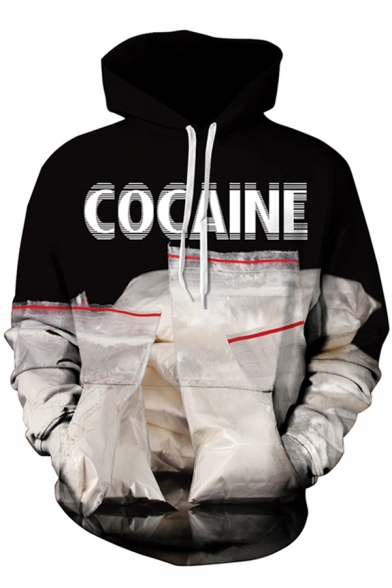 Unisex Casual Letter COCAINE 3D Print Long Sleeve Black and White Graphic Hoodie