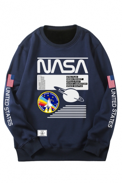 Unisex Fashion NASA Letter Planet Rocket Print Round Neck Loose Fit Pullover Sweatshirt