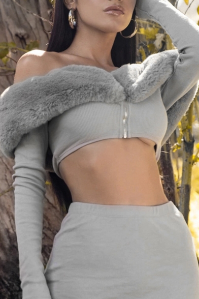 Warm Fluffy Panel Off Shoulder Long Sleeve Zip Front Crop Top with Midi Skirt Gray Co-ords