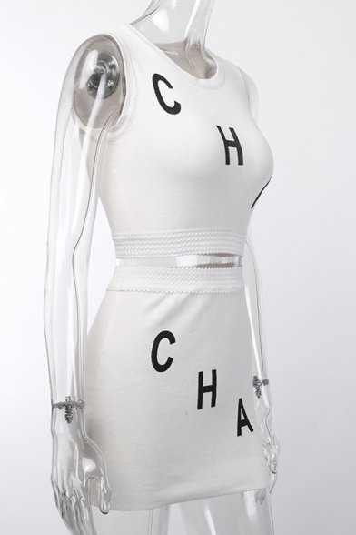 White Chic Letter CHA Printed Sleeveless Cropped Tank Top with Knitted Mini Bodycon Skirt
