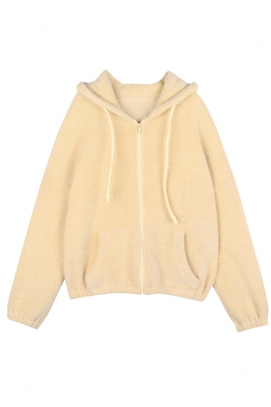 Women Cozy Warm Long Sleeve Hooded Zipper Front Drawstring Pockets Side Fluffy Shearling Liner Boxy Jacket in Apricot