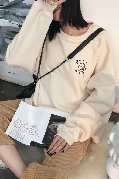 Women Korean Style Long Sleeve Crew Neck Cartoon Patterned Oversize Boyfriend Sweatshirt