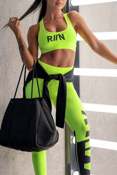 Womens Fitness Stylish Letter RIIN Print Cross Back Cropped Tank Top & Pants Suit