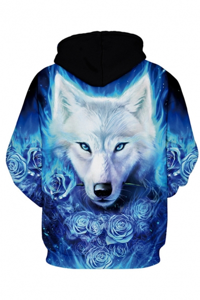 3D Floral Fire Wolf Pattern Long Sleeves Blue and Black Pullover Hoodie