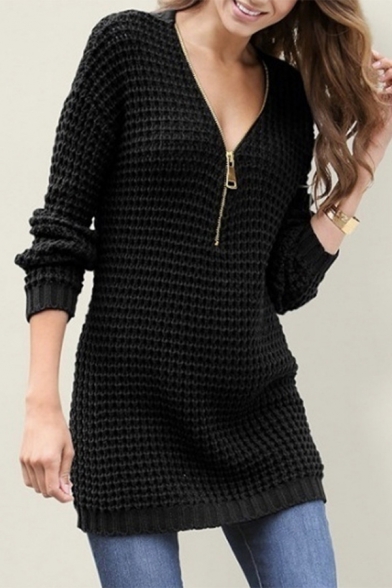 Basic Plain Long Sleeve Deep V-Neck Zipper Front Waffle Knit Fitted Straight Midi Pullover Sweater Dress for Women