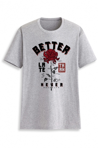 BETTER Letter Floral Pattern Short Sleeve Round Neck Fashion T-Shirt for Women