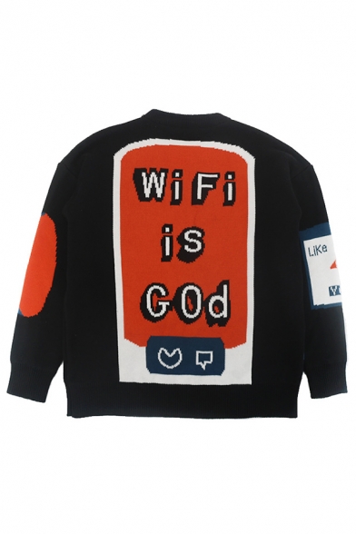 Black Letter WIFI IS GOD Thumb Up Pattern Long Sleeve Round Neck Thick Oversized Sweater