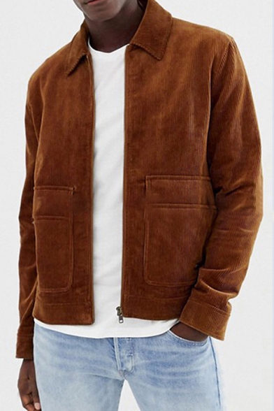 Casual Fashion Plain Brown Long Sleeve Zip Placket Flap Pocket Corduroy Jacket