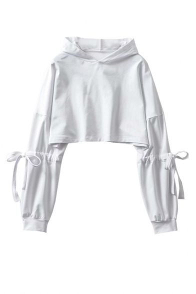 Chic Unique Long Sleeve Hooded Drawstring Relaxed Fit Plain Crop Hoodie for Cool Girls
