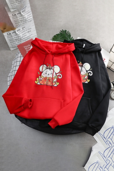 Chinese Style Long Sleeve Drawstring Kangaroo Pocket Mouse Print Relaxed Hoodie for GIrls