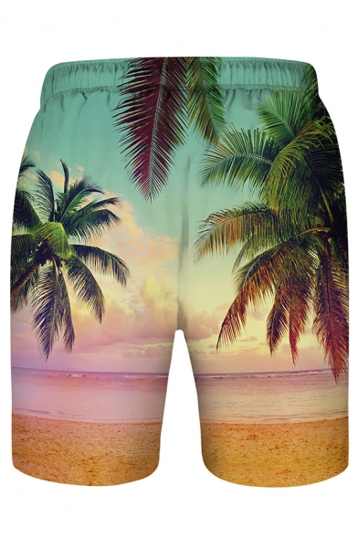 Classic Coconut Tree Beach Sunset 3D Print Drawstring Waist Loose Fit Casual Swim Shorts
