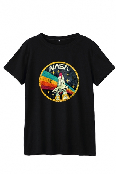 Cool Girls' Short Sleeve Crew Neck Letter NASA Rocket Pattern Relaxed T Shirt